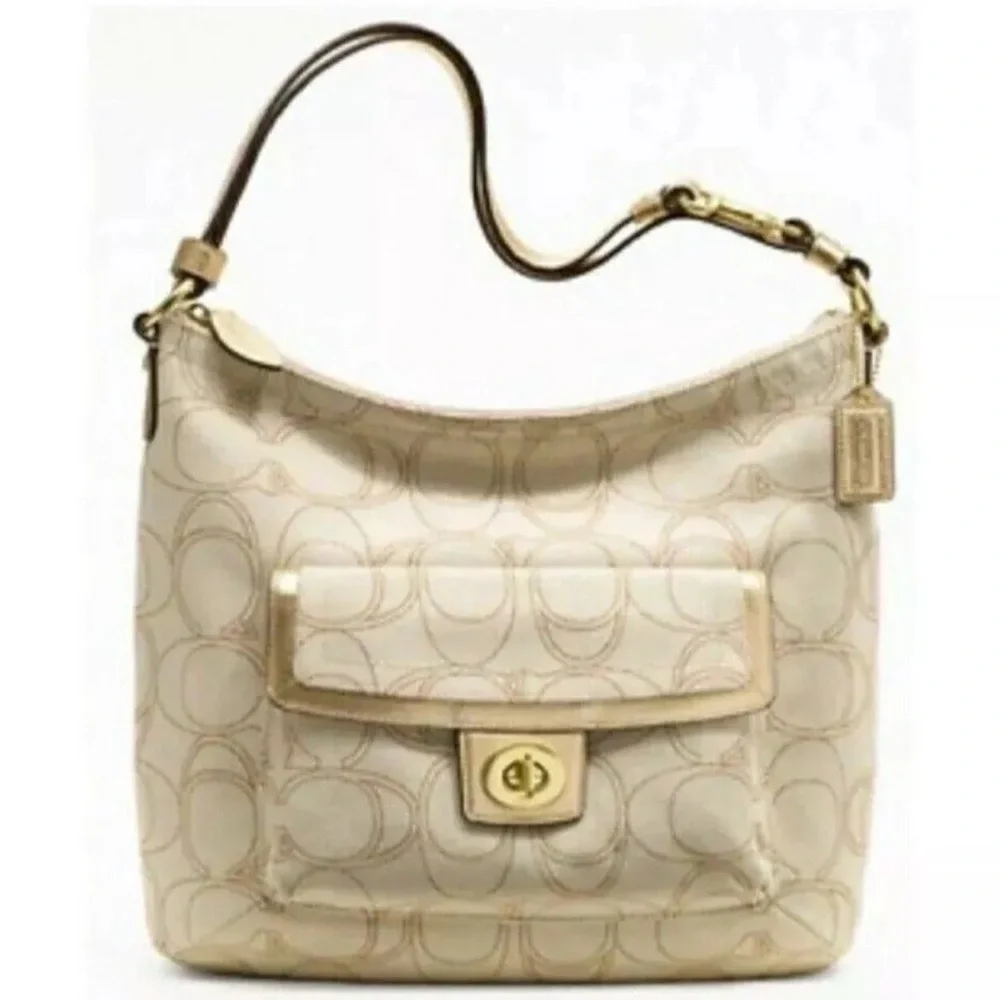 Coach Signature Penelope Purse Linen Leather Crossbody Shoulder Bag Cream Gold